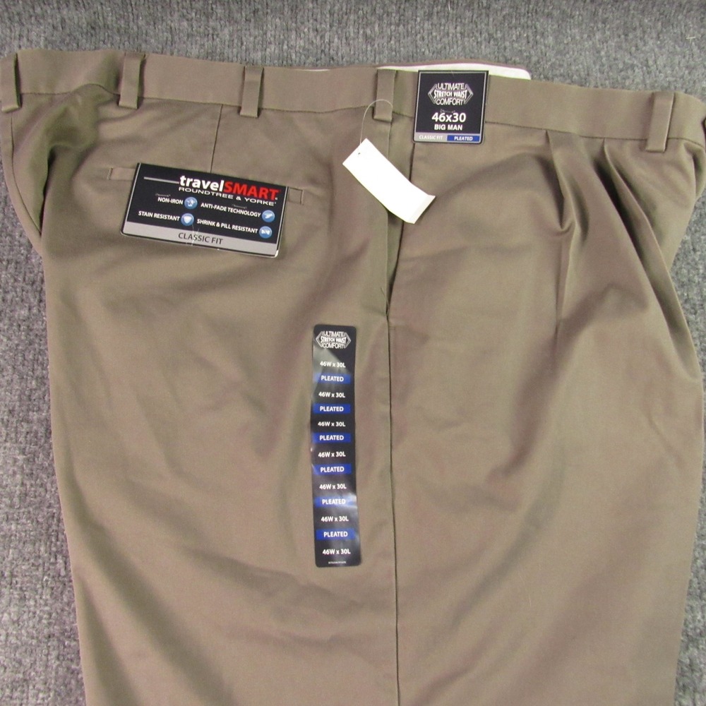 Roundtree & Yorke Dress Pants Mens 46x30 TravelSmart Grey Pleated Cuffed Classic